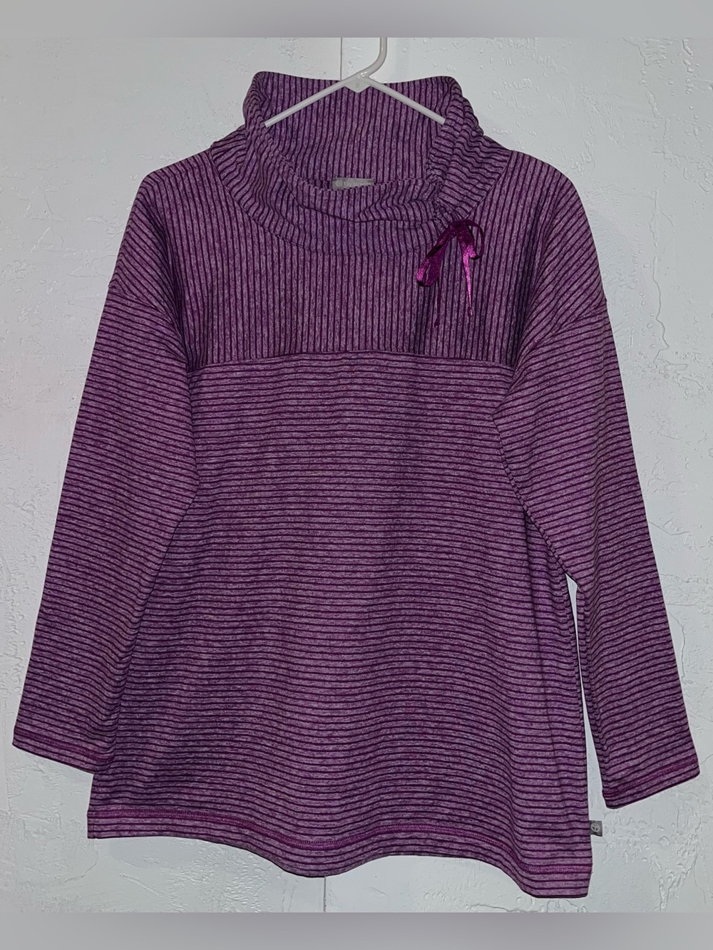 Purple Striped T by Talbots Cowl Neck Sweatshirt with Small Ribbon Detail